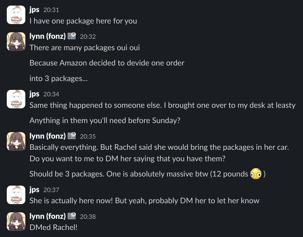 Screenshot showing @lynn (fonz)'s conversation with @jps on Slack.